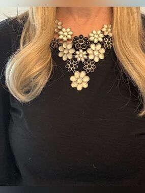 Statement Floral Bib Necklace in Cream and Black